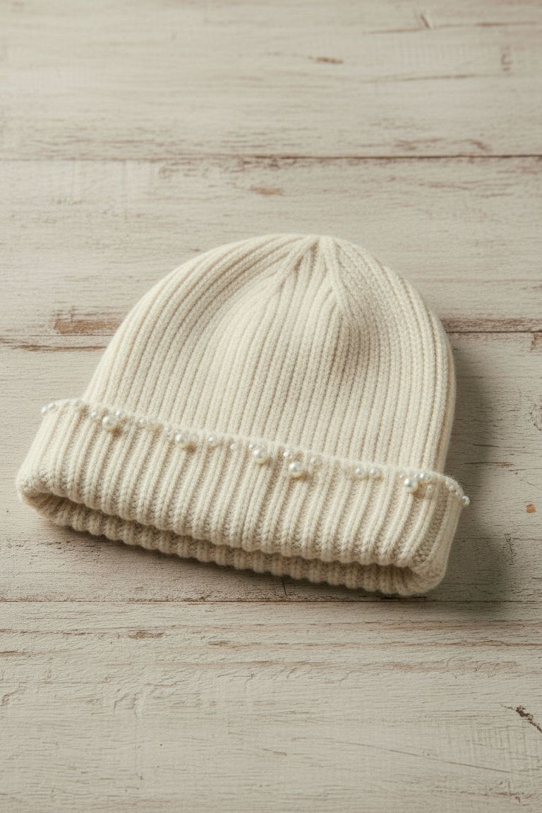 Beige knit beanie with pearl embellishments named Sunbury from la petite garçonne