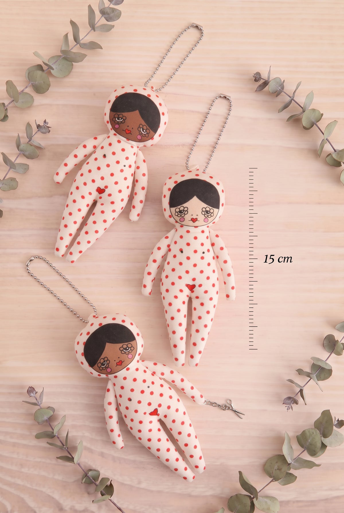 top view of 3 Sybel Polka Dot Jumpsuit Doll Bag Charm with measurement of 15 cm at Maison garçonne