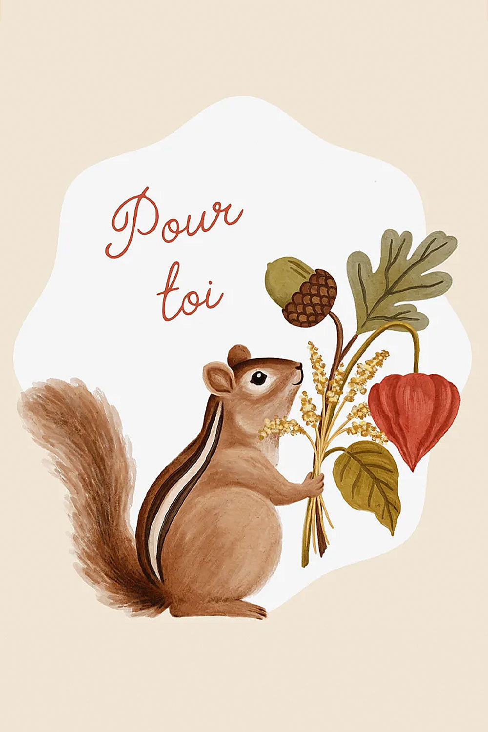 close-up Greeting card with a squirrel holding autumn leaves and berries, with 'Pour toi' text from Marie-Lise.