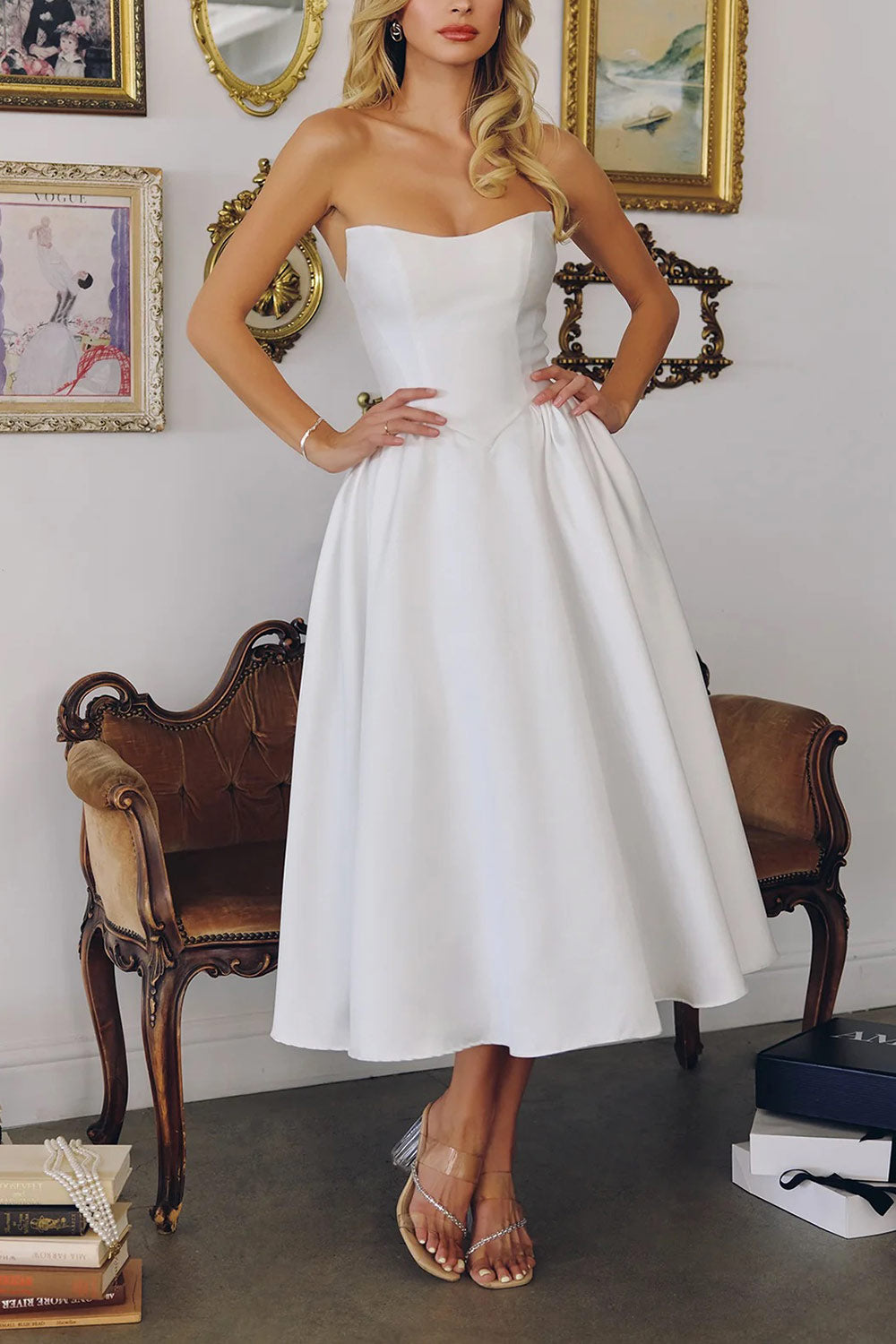 Thalania Long White Satin Dress with Fitted Bodice and Pockets