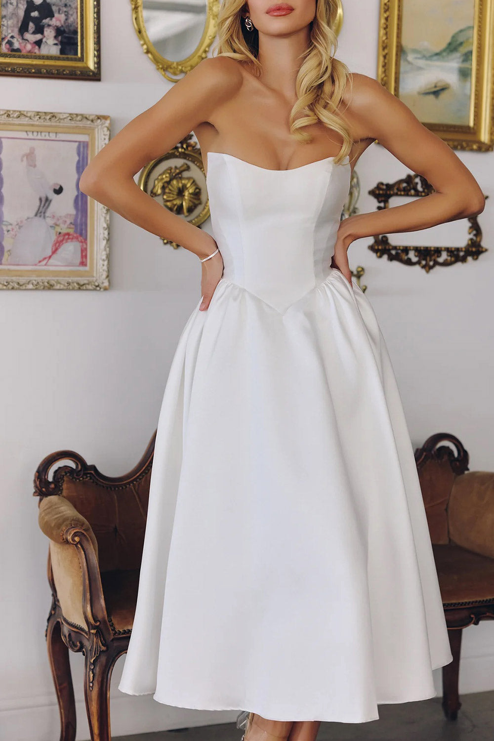 Thalania Long White Satin Dress with Fitted Bodice and Pockets
