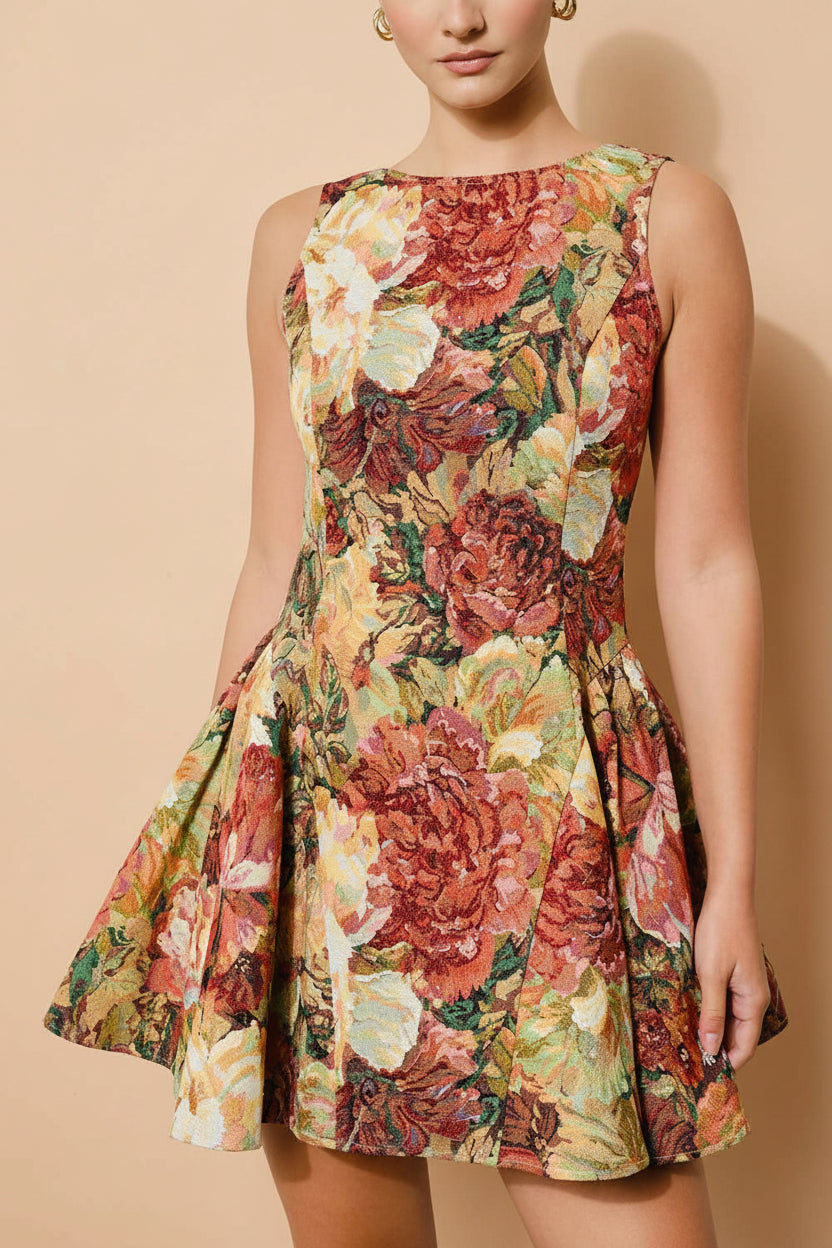 front close-up of a woman wearing Thalira Floral Jacquard A-Line Mini Dress from Boutique 1861