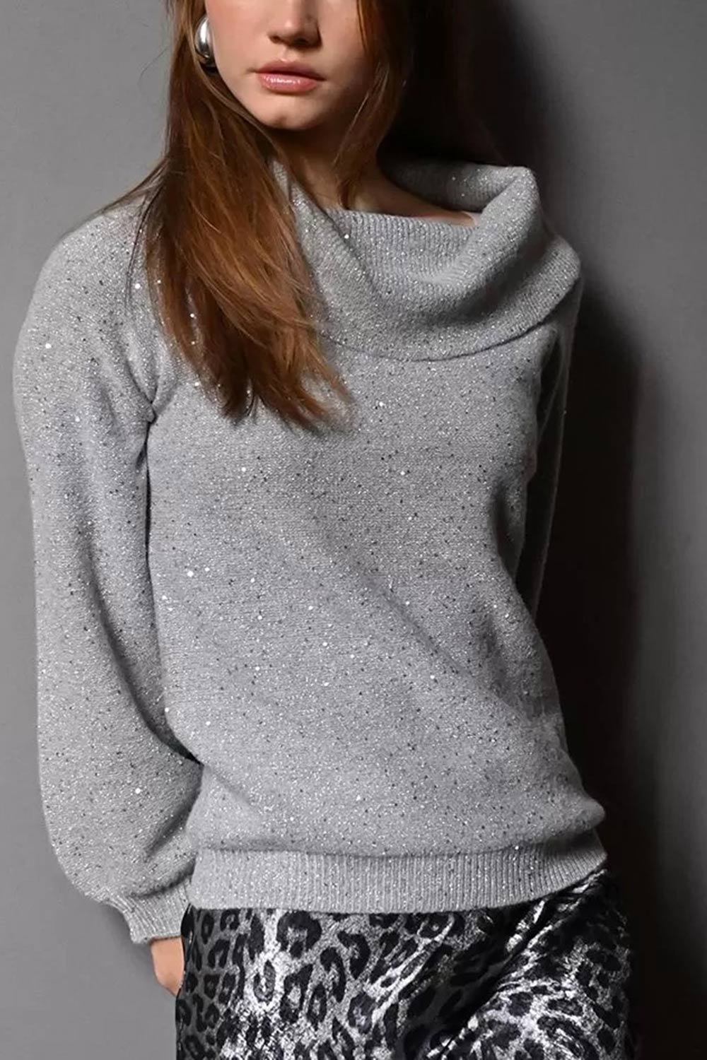 Thaloura Grey Off-Shoulder Sweater with Sequins | La petite garçonne front model