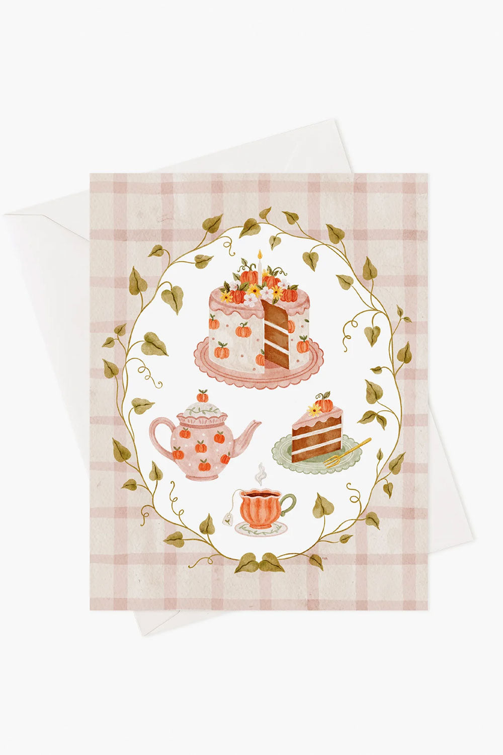 Card with illustrations of Pumpkin Spice cake, a teapot, and teacups from Marie-Lise