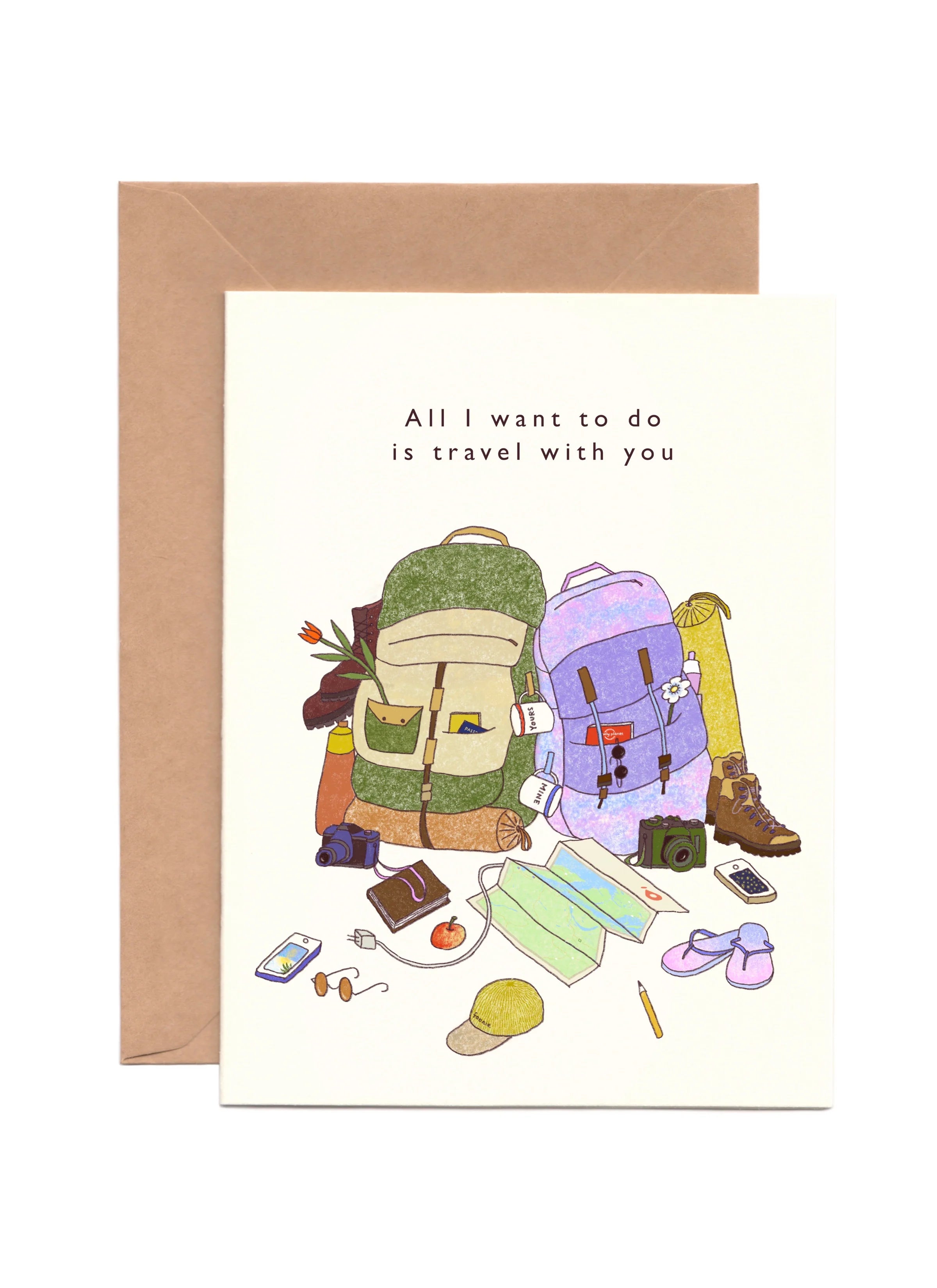 Greeting card with travel-themed illustration with the text "all i want is to travel with you".