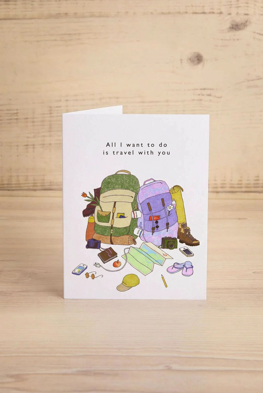Greeting card with travel-themed illustration with the text "all i want is to travel with you".