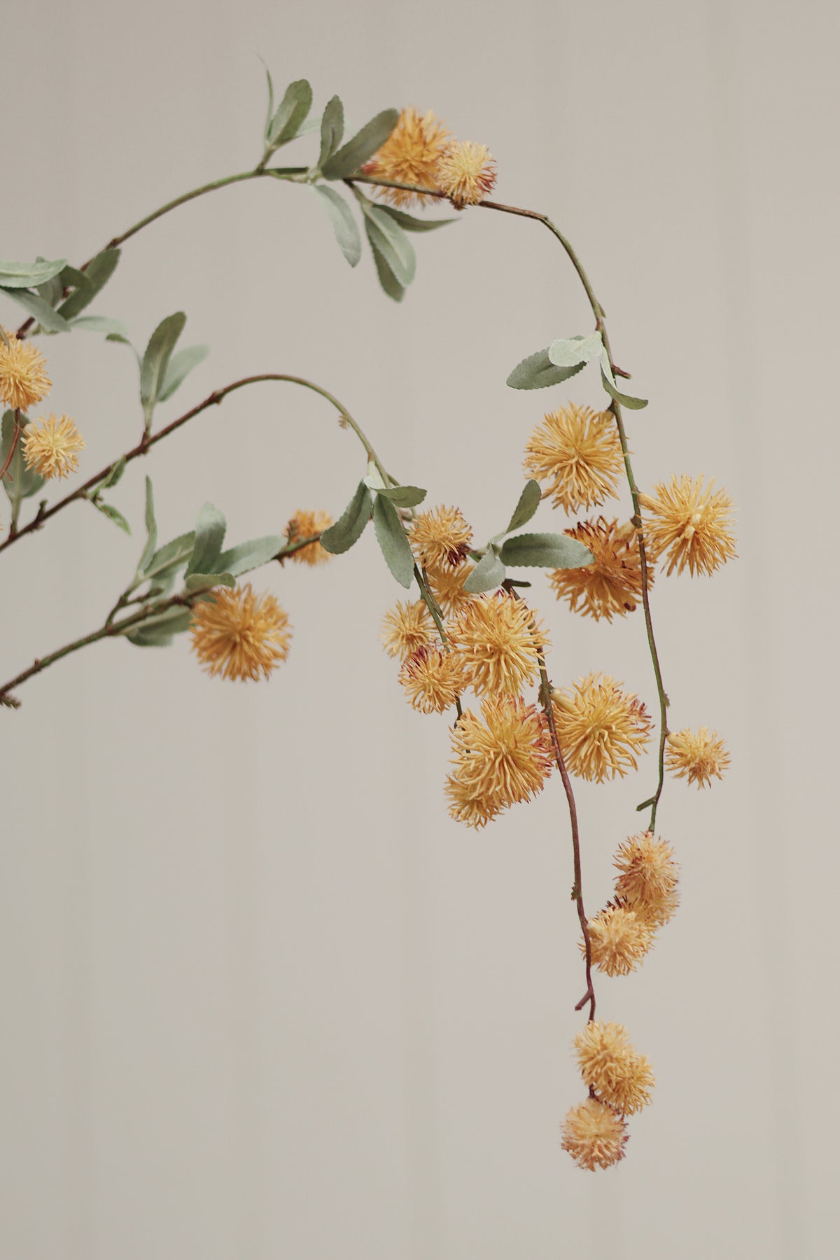 closeup on a single golden globe flower spray artificial flower stem with small yellow blossoms and muted green leaves, laid flat on a light wood surface at la maison garçonne boutique in montreal.