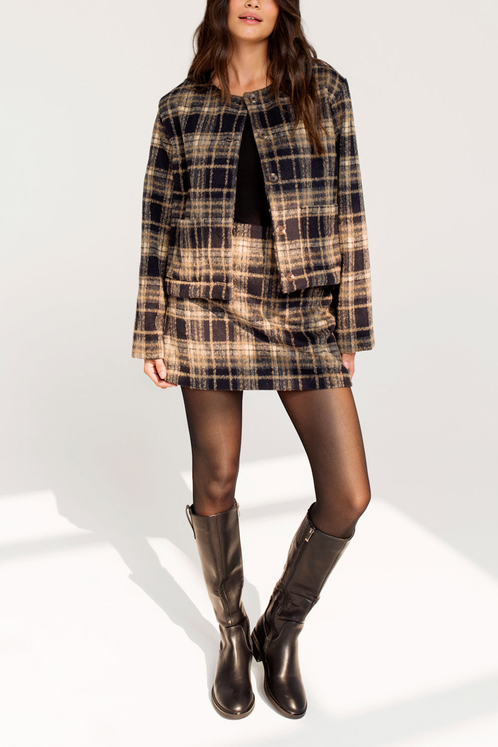Dailystory Tepati Plaid Brown Jacket with Pockets | La petite garçonne set