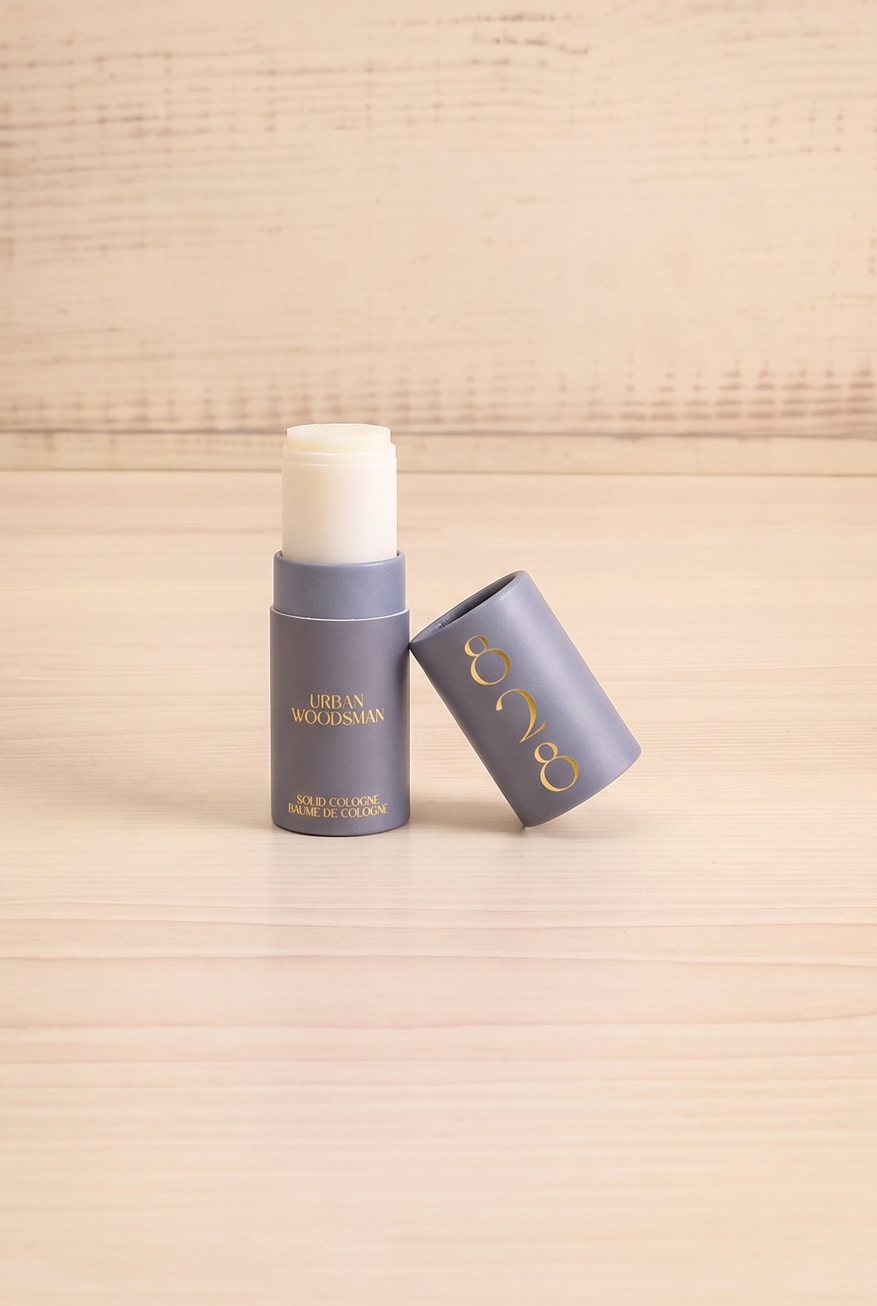 Front view of the Urban Woodsman solid perfume by 828 Aroma open, handmade in Canada and available at Maison Garçonne.