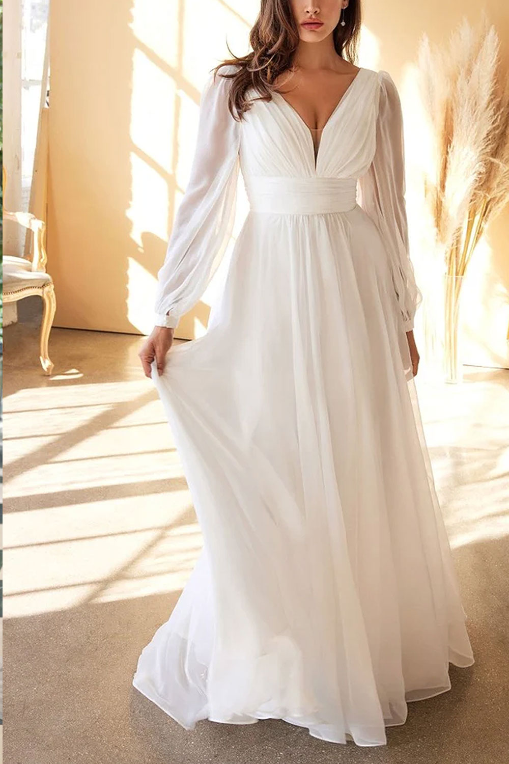 Vaiana | Layered Chiffon A-Line Gown with Sheer Sleeves