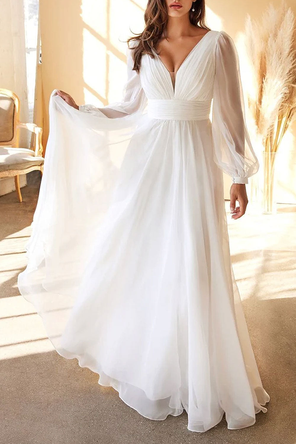 Vaiana | Layered Chiffon A-Line Gown with Sheer Sleeves
