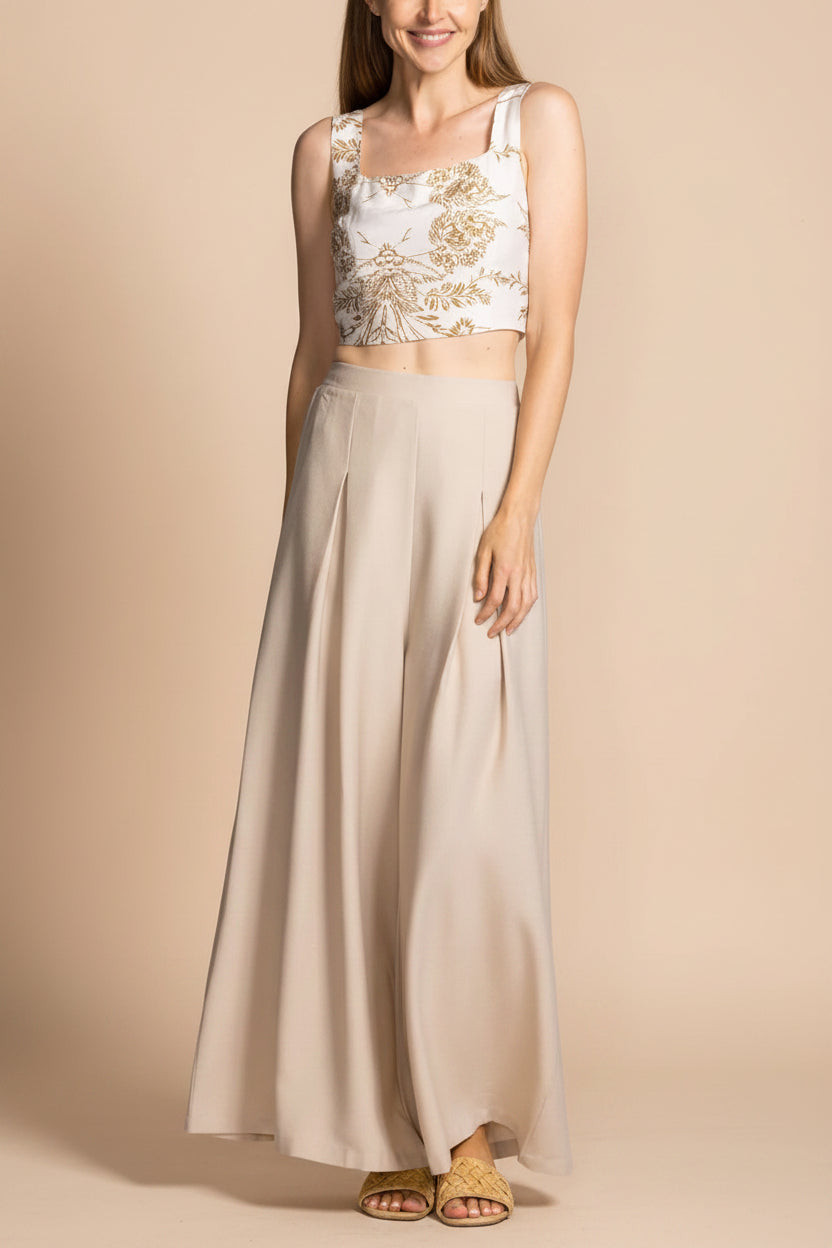 a woman wearing varallo beige and Ardane Beige Brown Floral Cropped Top with Square Neck from La petite garçonne