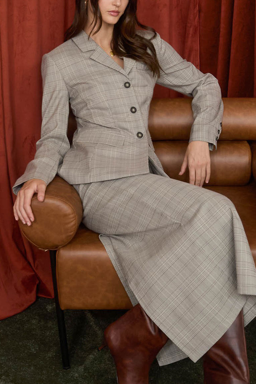 Woman wearing Vinette Grey Plaid Long Sleeve Blazer from La petite garçonne frontview