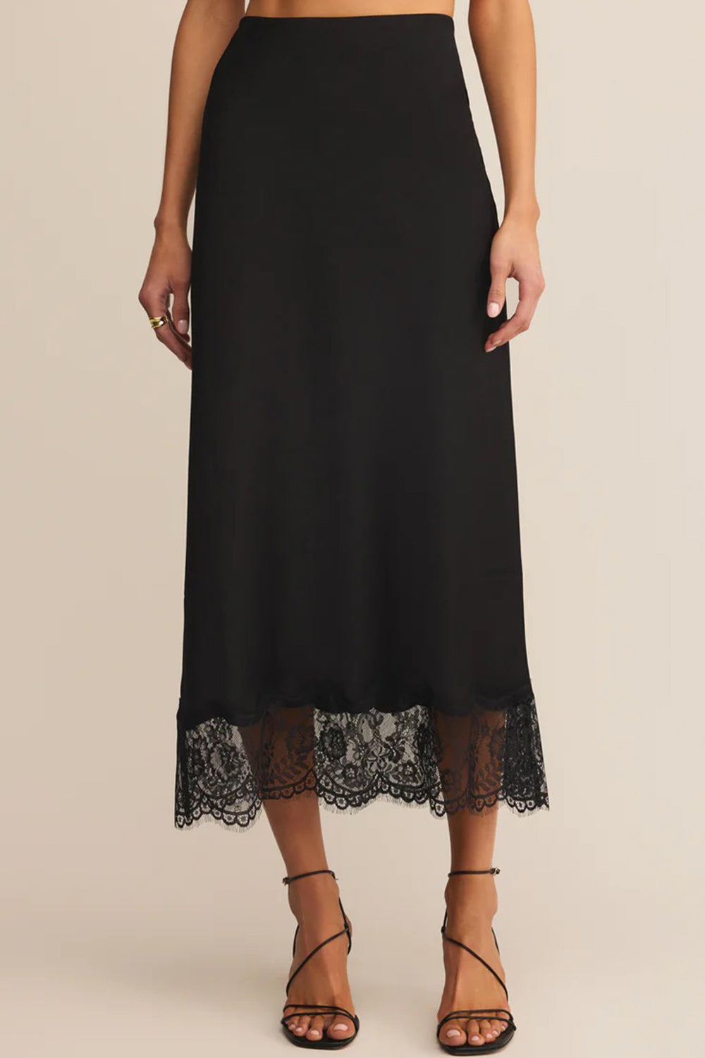 Vrako Black Midi Satin Skirt with Lace | La petite garçonne front model
