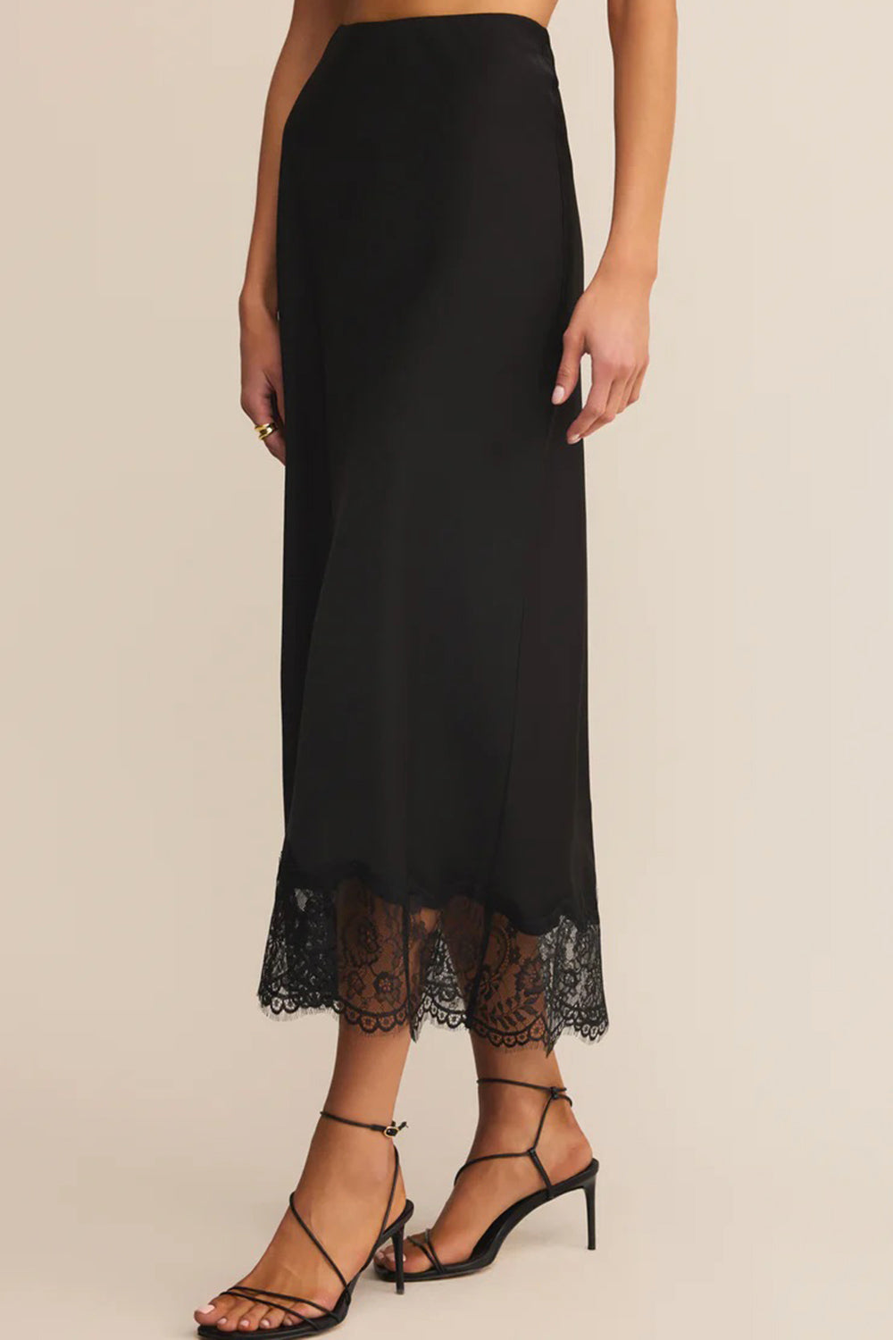 Vrako Black Midi Satin Skirt with Lace | La petite garçonne side model