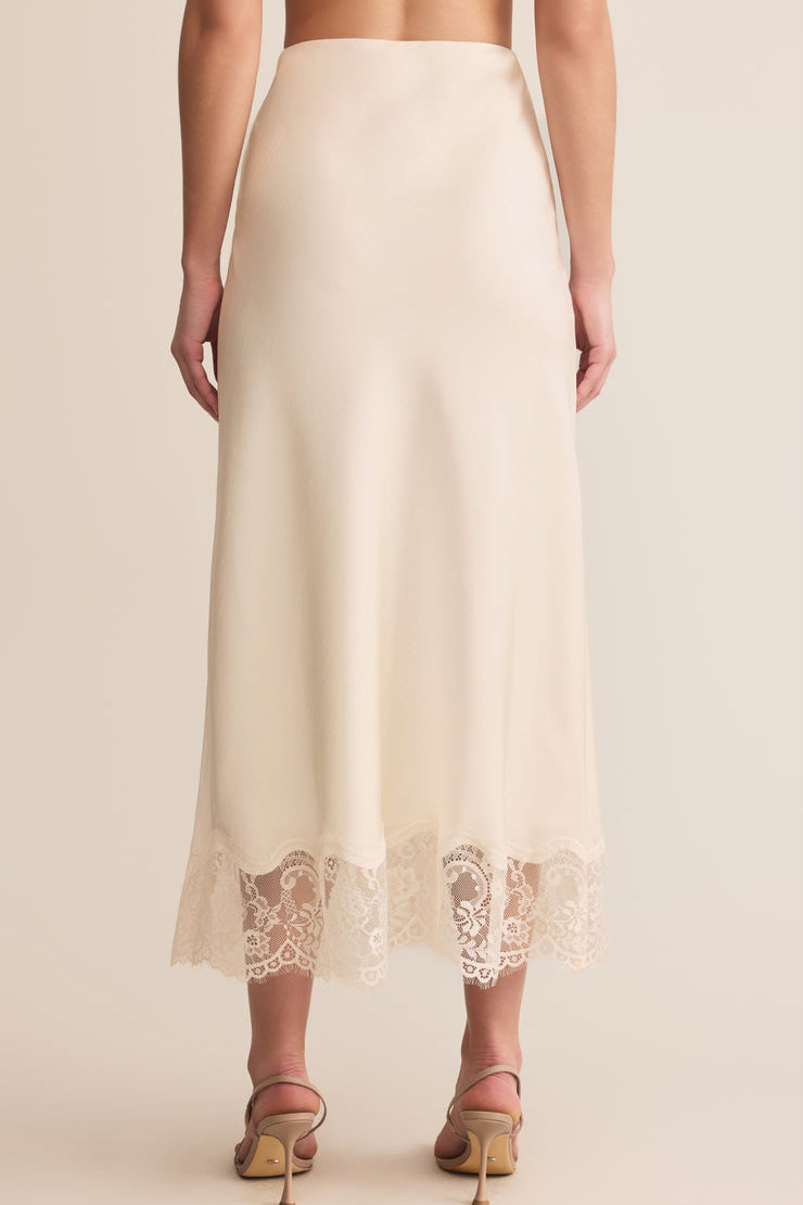Vrako Ivory Midi Satin Skirt with Lace | La petite garçonne back model