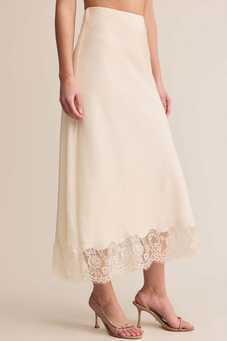 Vrako Ivory Midi Satin Skirt with Lace | La petite garçonne side mode 