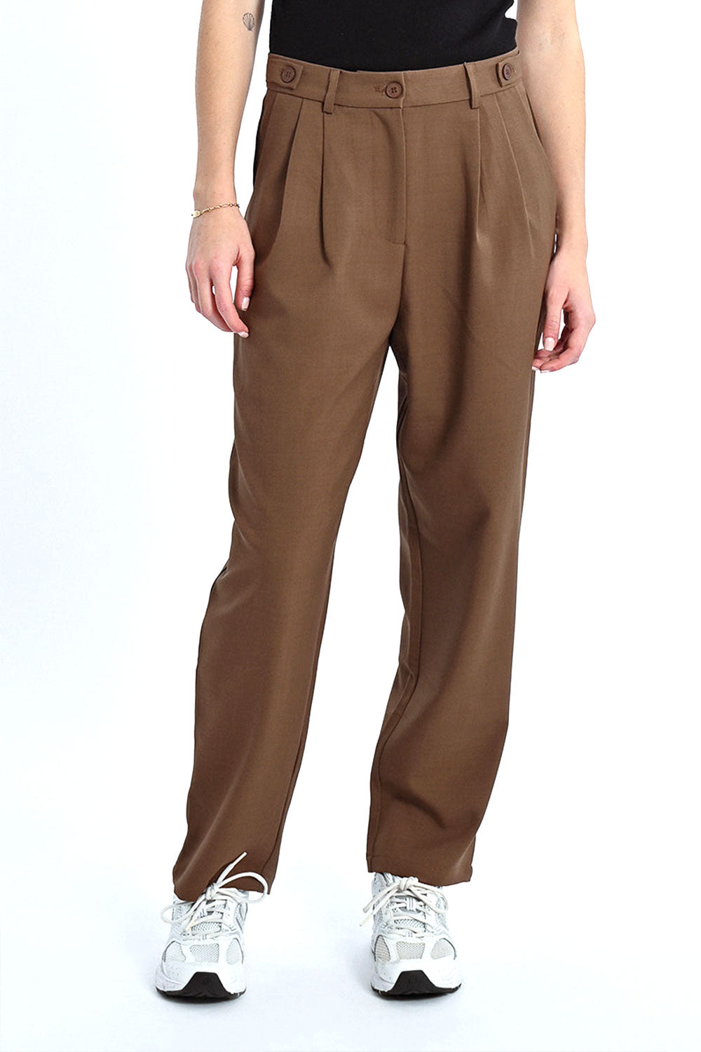 Person wearing Varsovie Brown High-Waisted Straight Leg Pants from La petite garçonne 