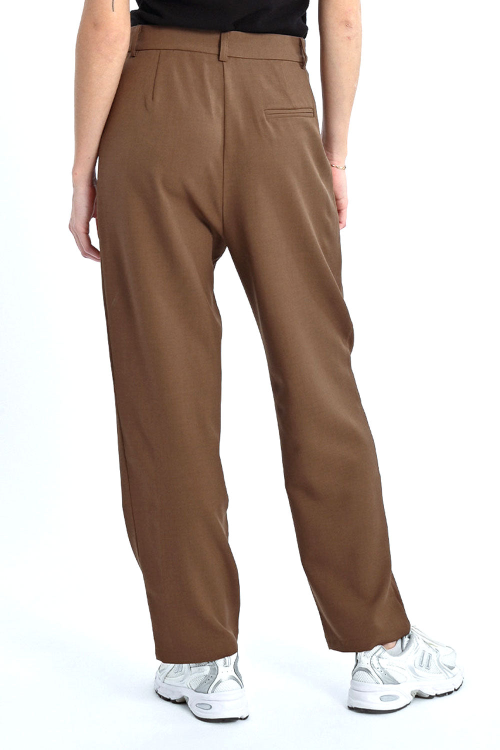 Person wearing Varsovie Brown High-Waisted Straight Leg Pants from La petite garçonne 