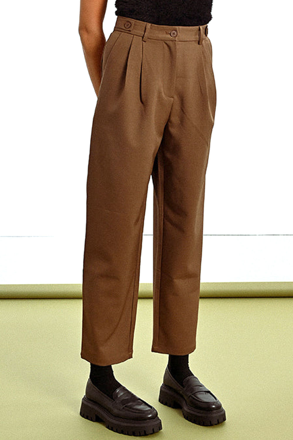 Person wearing Varsovie Brown High-Waisted Straight Leg Pants from La petite garçonne 