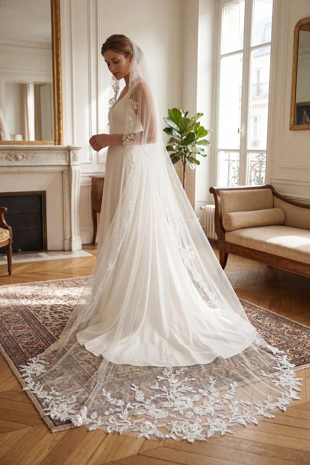 Jensen Tulle Wedding Veil with Floral Lace | Boudoir 1861