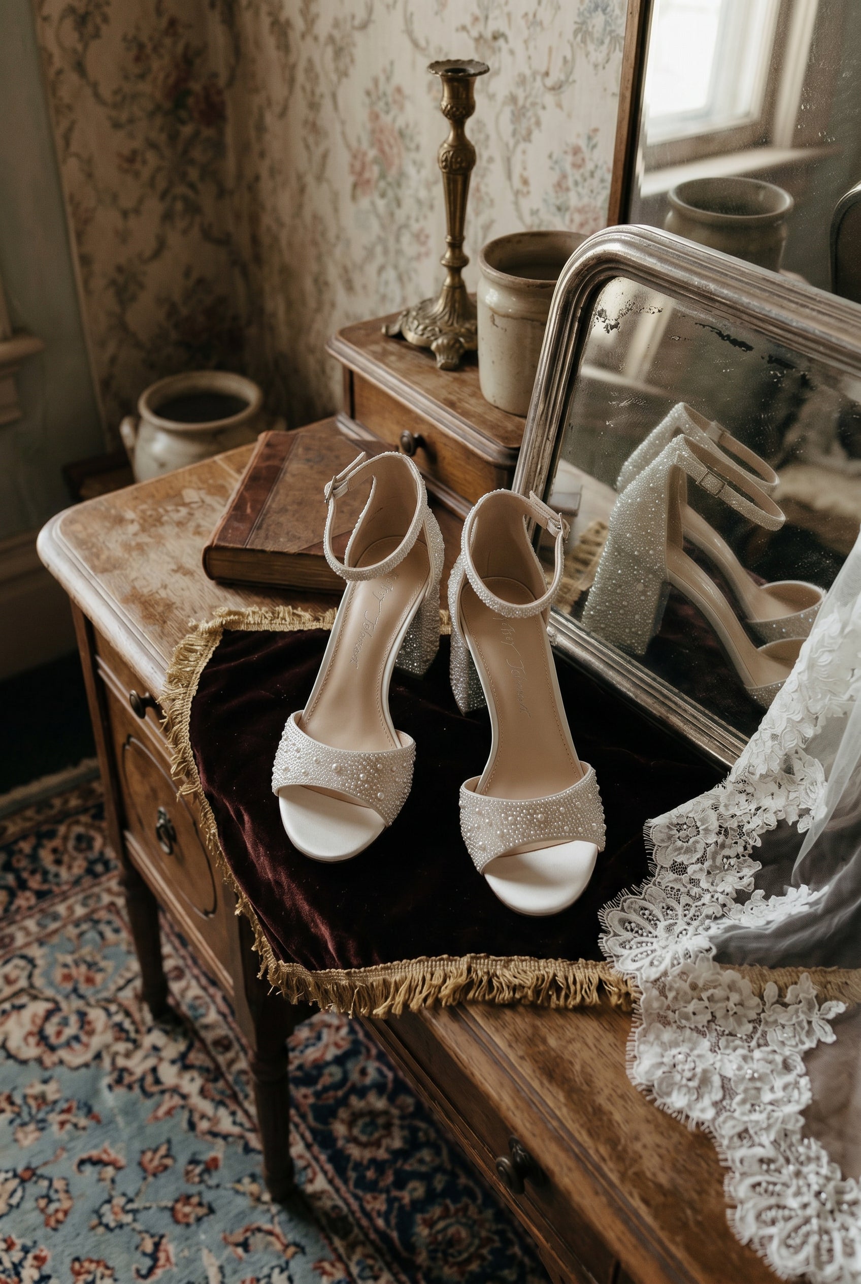 Cornelian Ivory Rhinestone Block Heel Sandals on a lace surface with vintage items.
