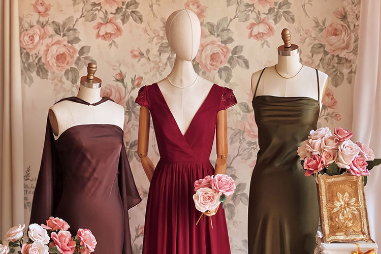 Three elegant wedding guest dresses on mannequins at Boutique 1861 for Fall 2026