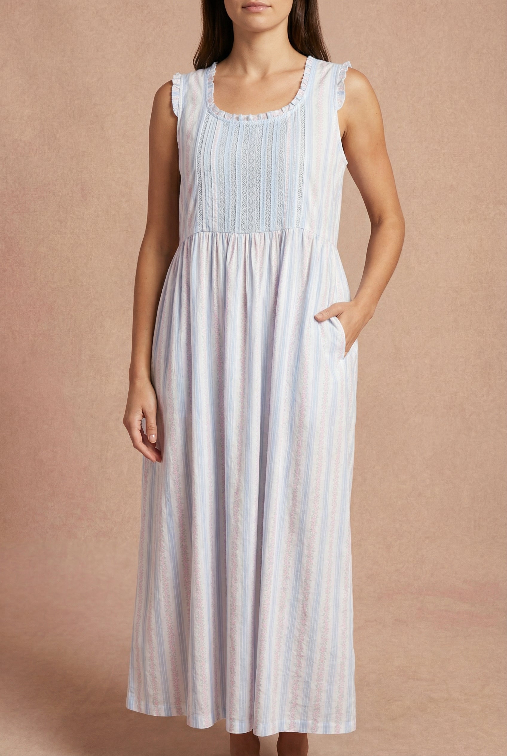 woman wearing Wrenlee Sleeveless Nightgown with Pockets by April Cornell | Boutique 1861 