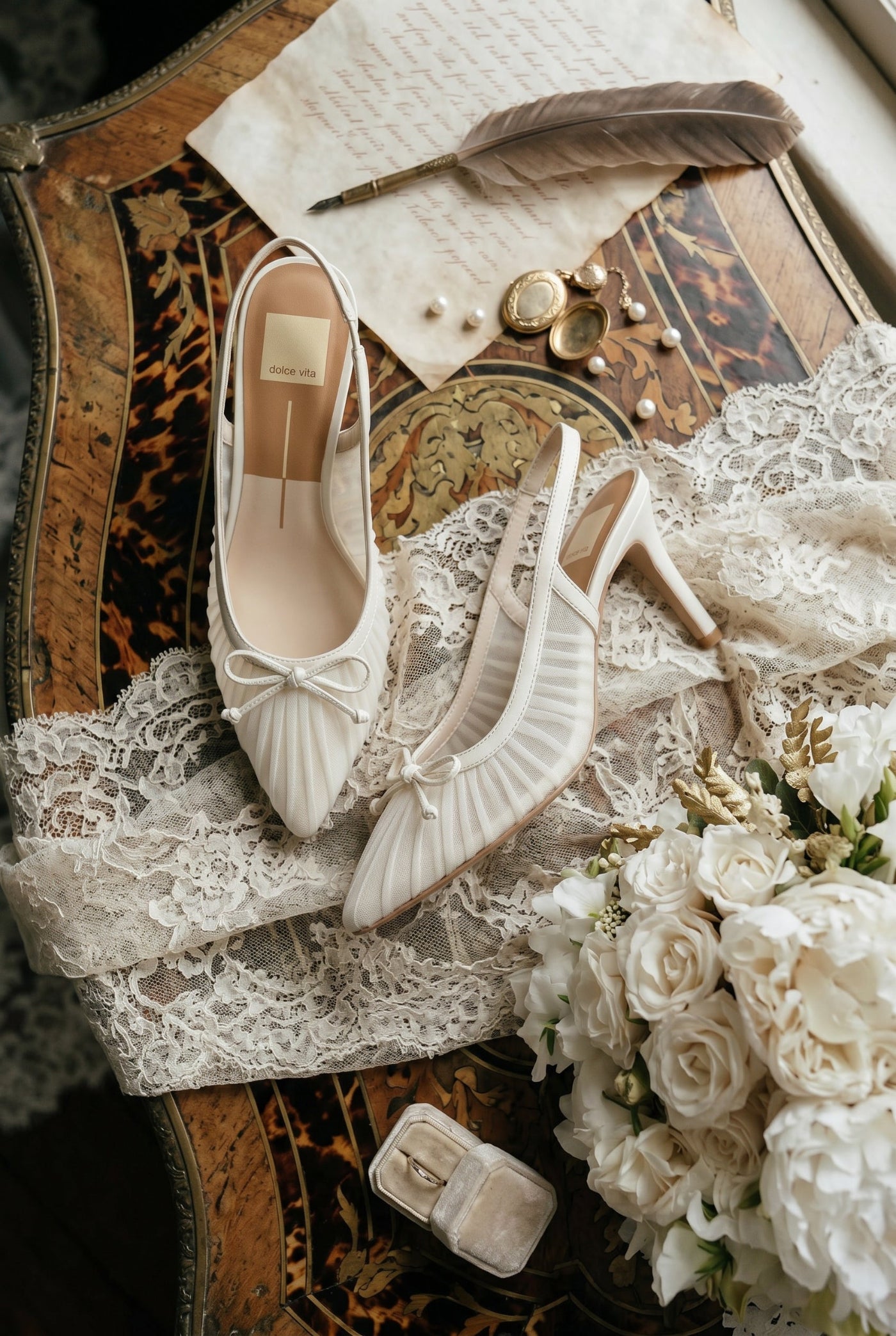 Top view of Dolce Vita Yela Ivory Pleated Mesh Slingback Pumps with Bow at boutique 1861