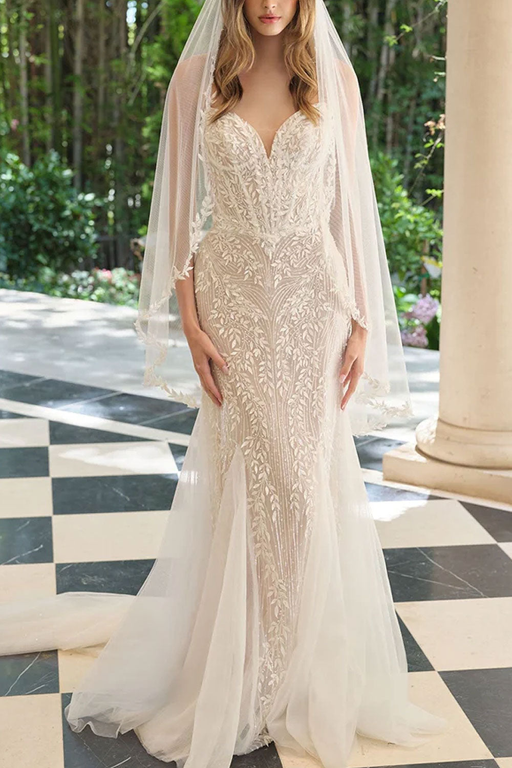 Zolina | Beaded Leaf Strapless Mermaid Gown