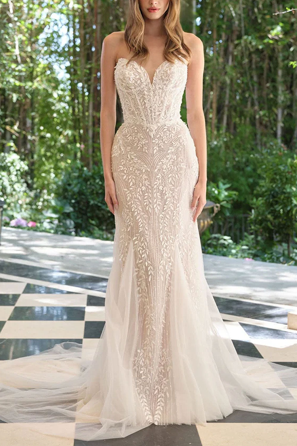 Zolina | Beaded Leaf Strapless Mermaid Gown