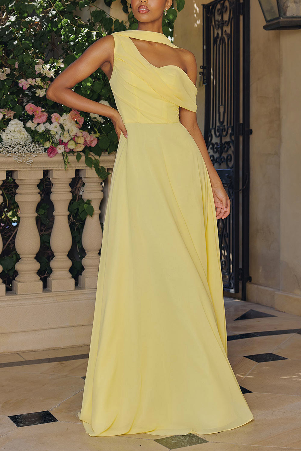 Zorua Light Yellow One-Shoulder Maxi Dress with Cape Sleeve