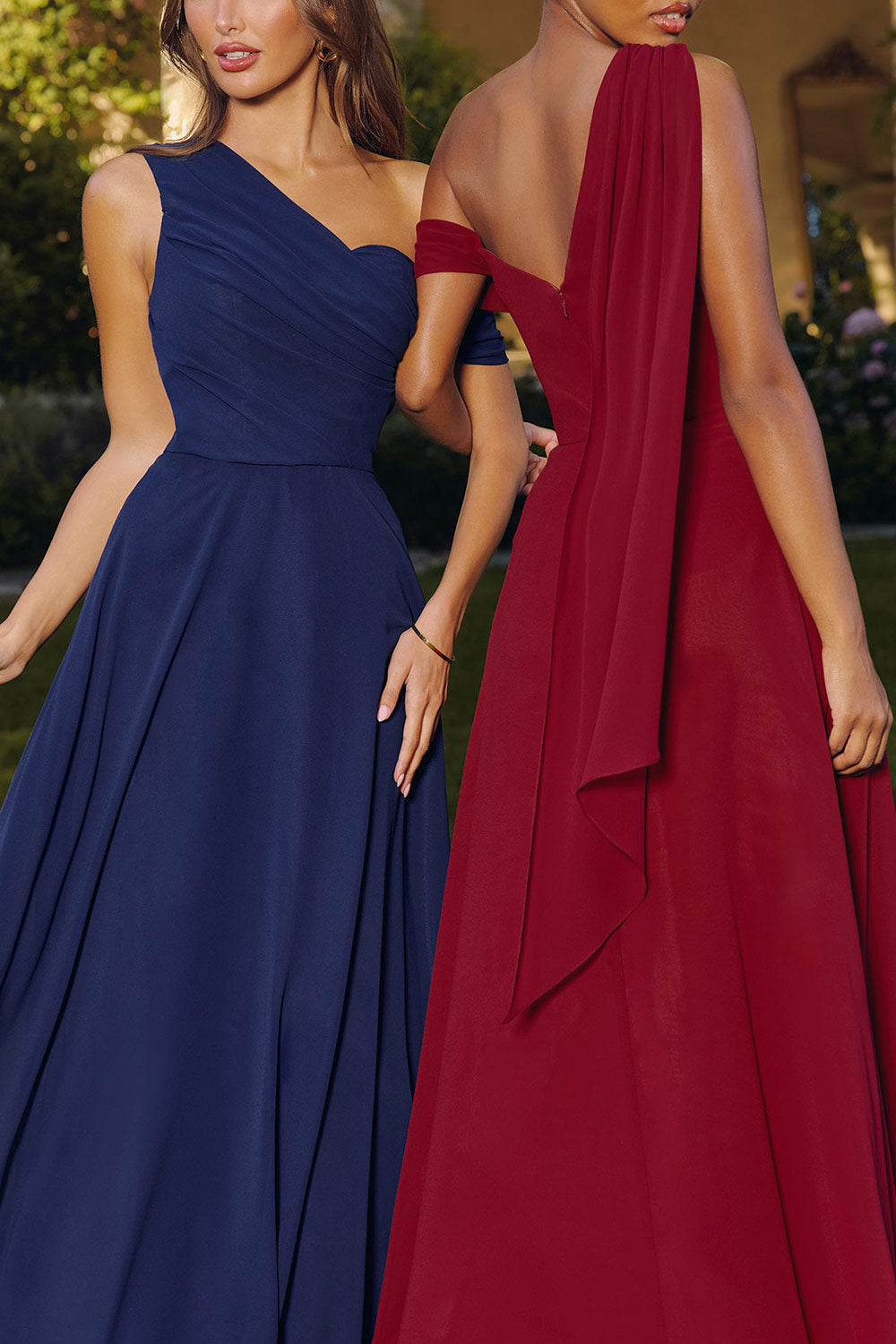 Zorua Burgundy | One-Shoulder Maxi Dress with Cape Sleeve