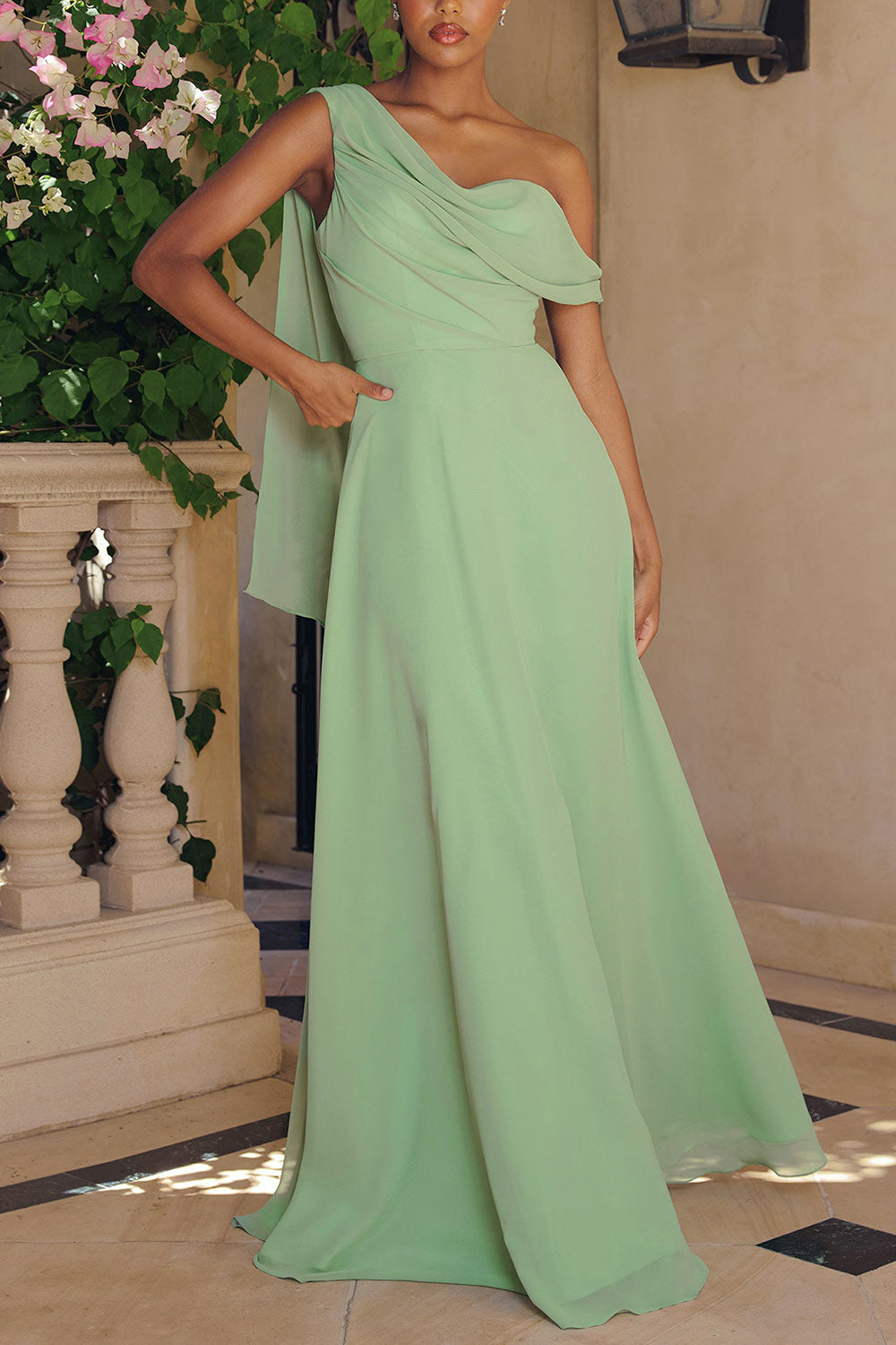 Zorua Sage | One-Shoulder Maxi Dress with Cape Sleeve