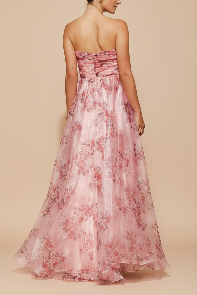 back of women wearing Zouleikha Pink Floral Maxi Strapless Dress from Boutique 1861
