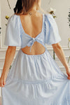 Zahia Blue Striped Maxi Dress w/ Puffy Sleeves | Boutique 1861 back on model