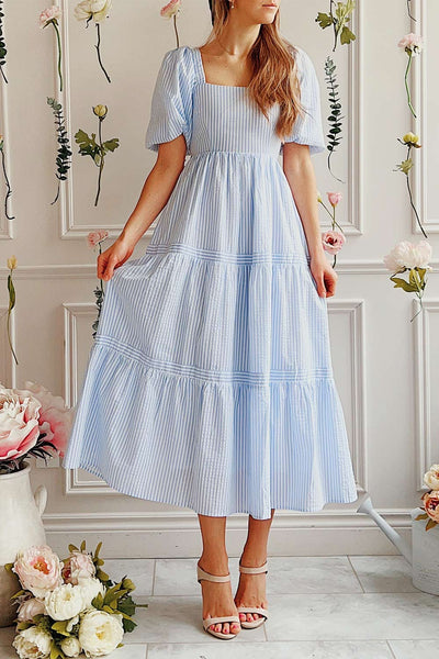 Zahia Blue Striped Maxi Dress w/ Puffy Sleeves | Boutique 1861 on model