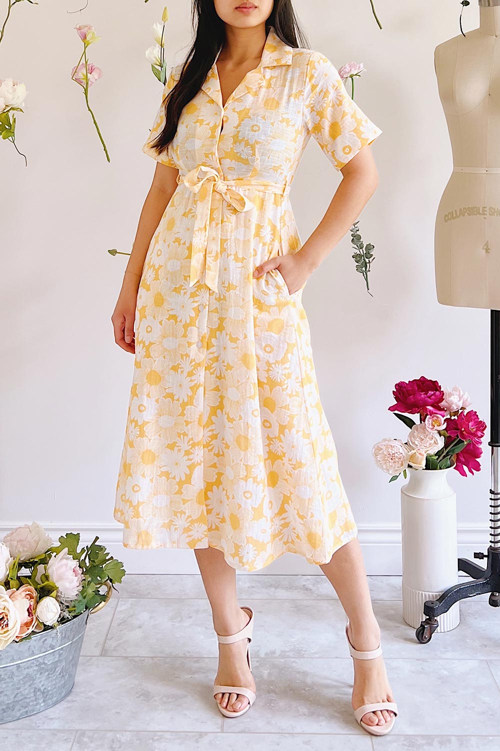 Yellow floral shirt dress top
