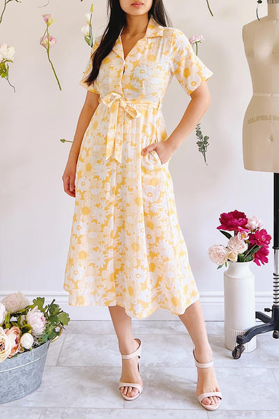Zahrada Yellow Floral Midi Shirt Dress | Boutique 1861 on model