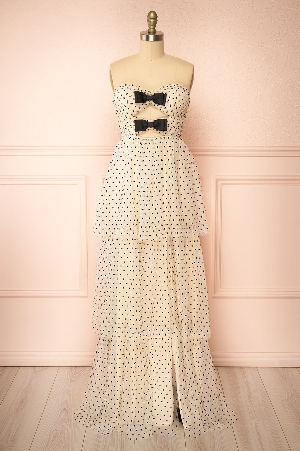 Abbie Cream Tulle Maxi Dress w/ Polka Dots | Boutique 1861 front view