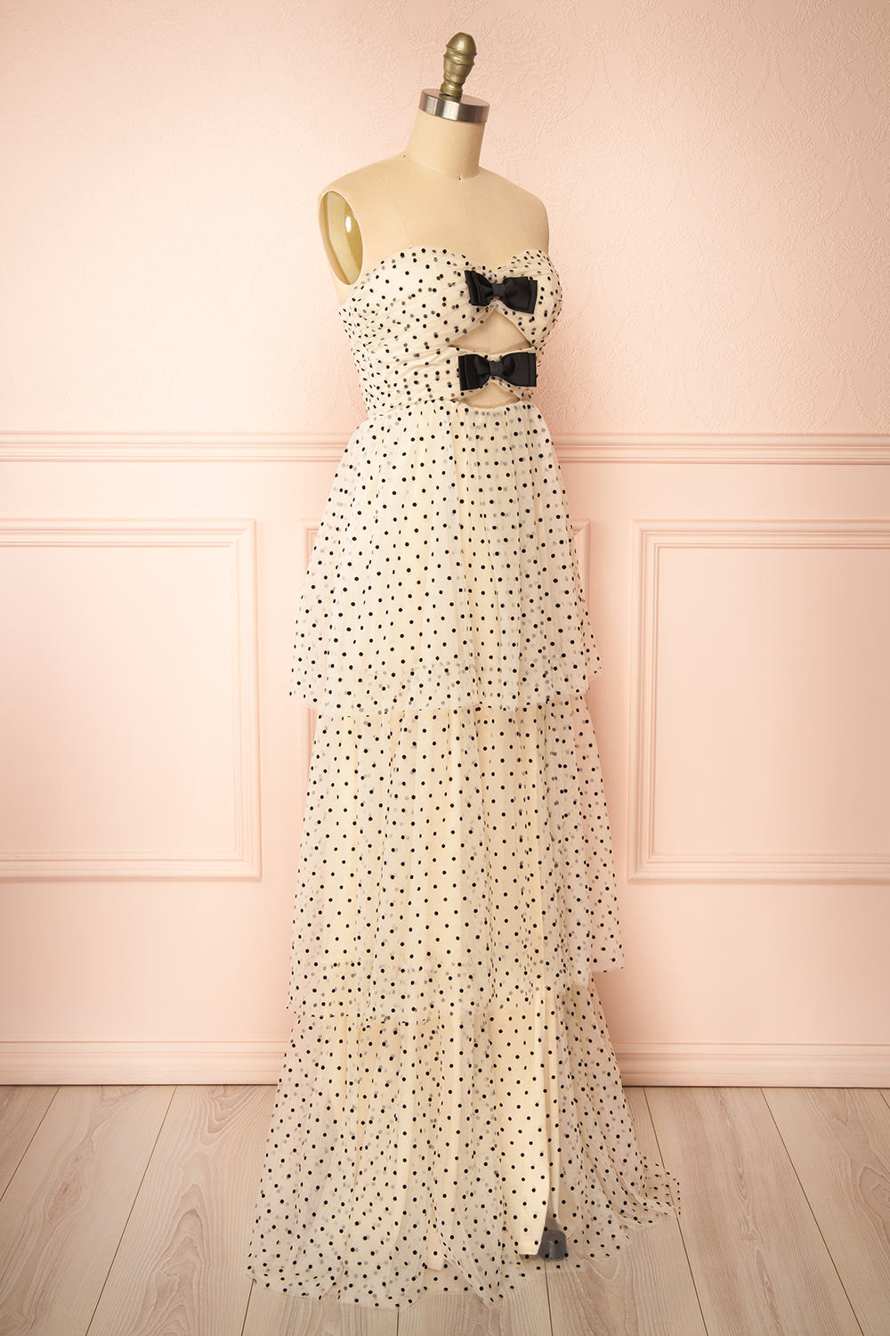 Abbie Cream Tulle Maxi Dress w/ Polka Dots | Boutique 1861 side view