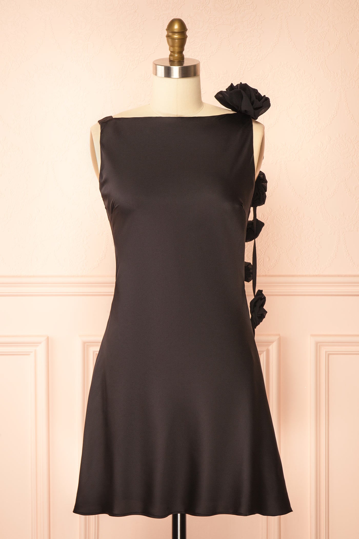 Abdela Black Satin Short Dress with Low Open Back | Boutique 1861 front