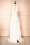 front view of Abelienne White Pleated Maxi Dress with High Slit at Boudoir 1861 