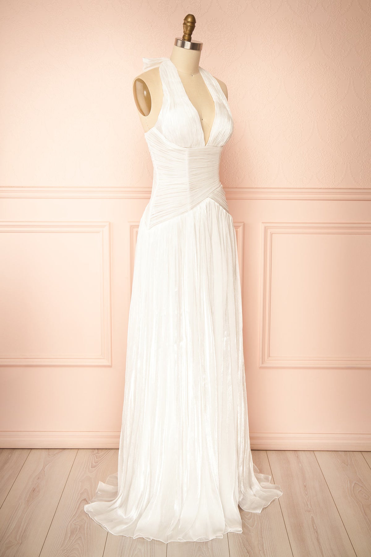 side view of Abelienne White Pleated Maxi Dress with High Slit at Boudoir 1861 