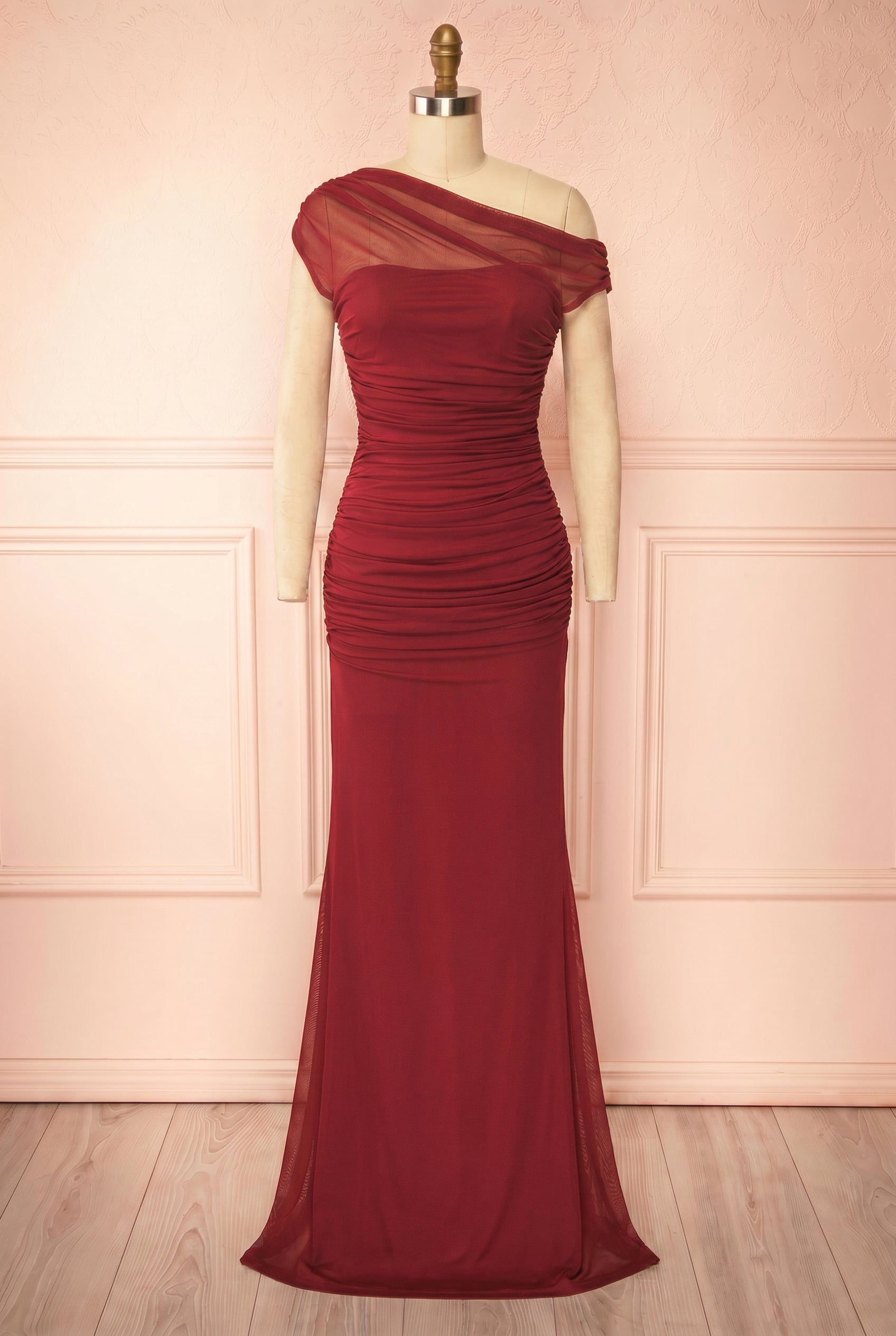 Abelina Bourgogne | Robe Maxi Ajustée en Mesh