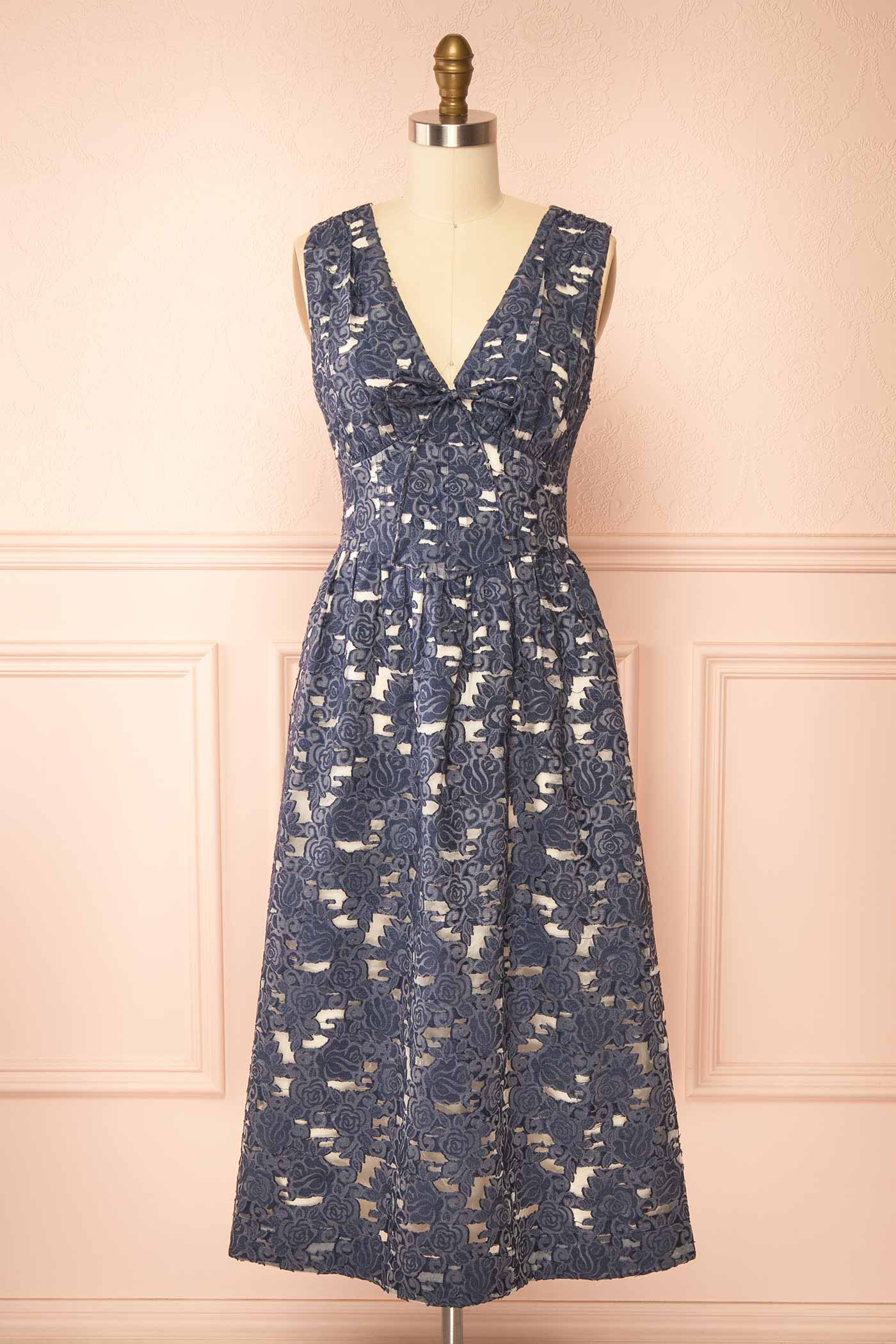 Abertha Blue Floral Jacquard Midi Dress with Front Tie and Pockets | Boutique 1861 front