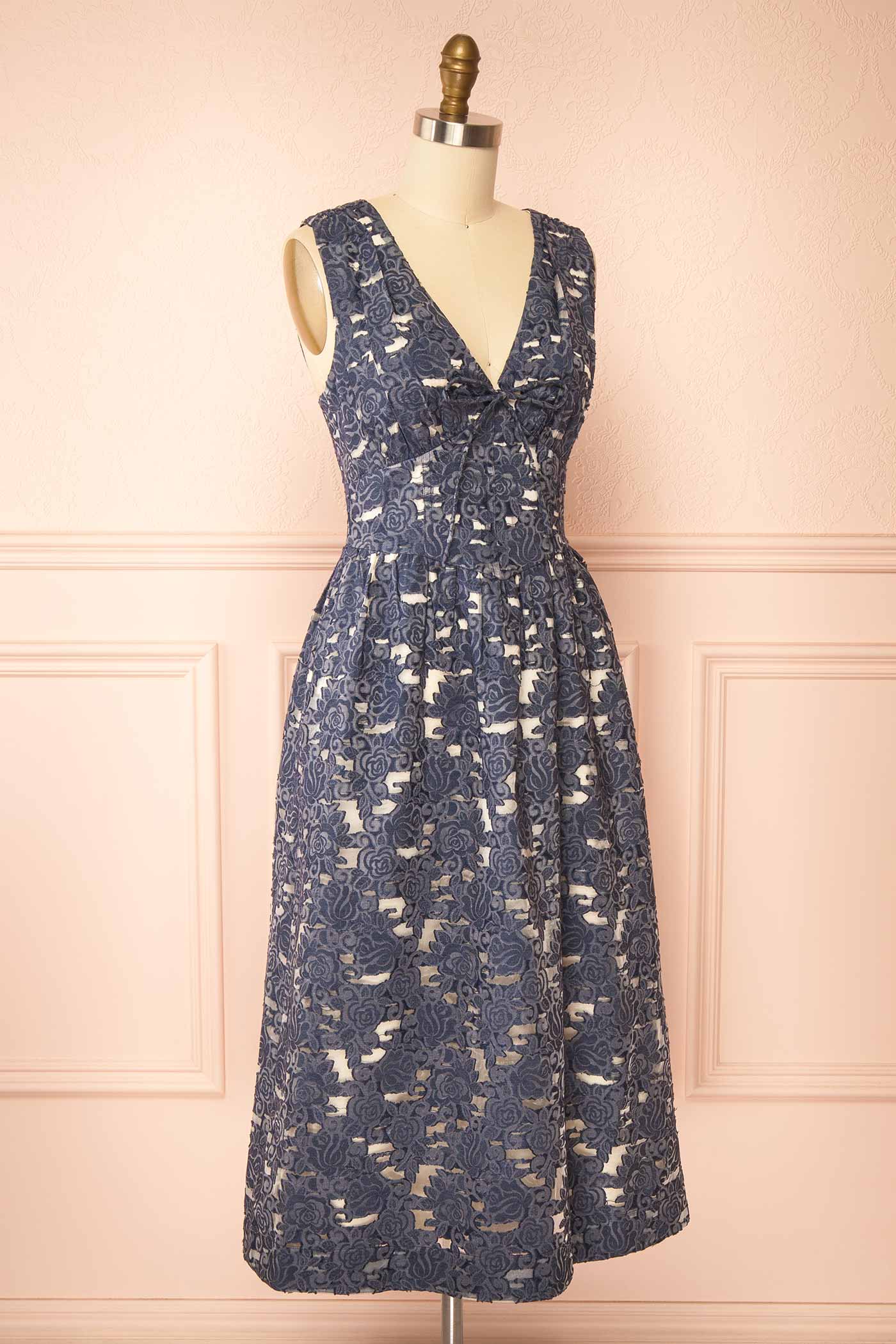 Abertha Blue Floral Jacquard Midi Dress with Front Tie and Pockets | Boutique 1861 side