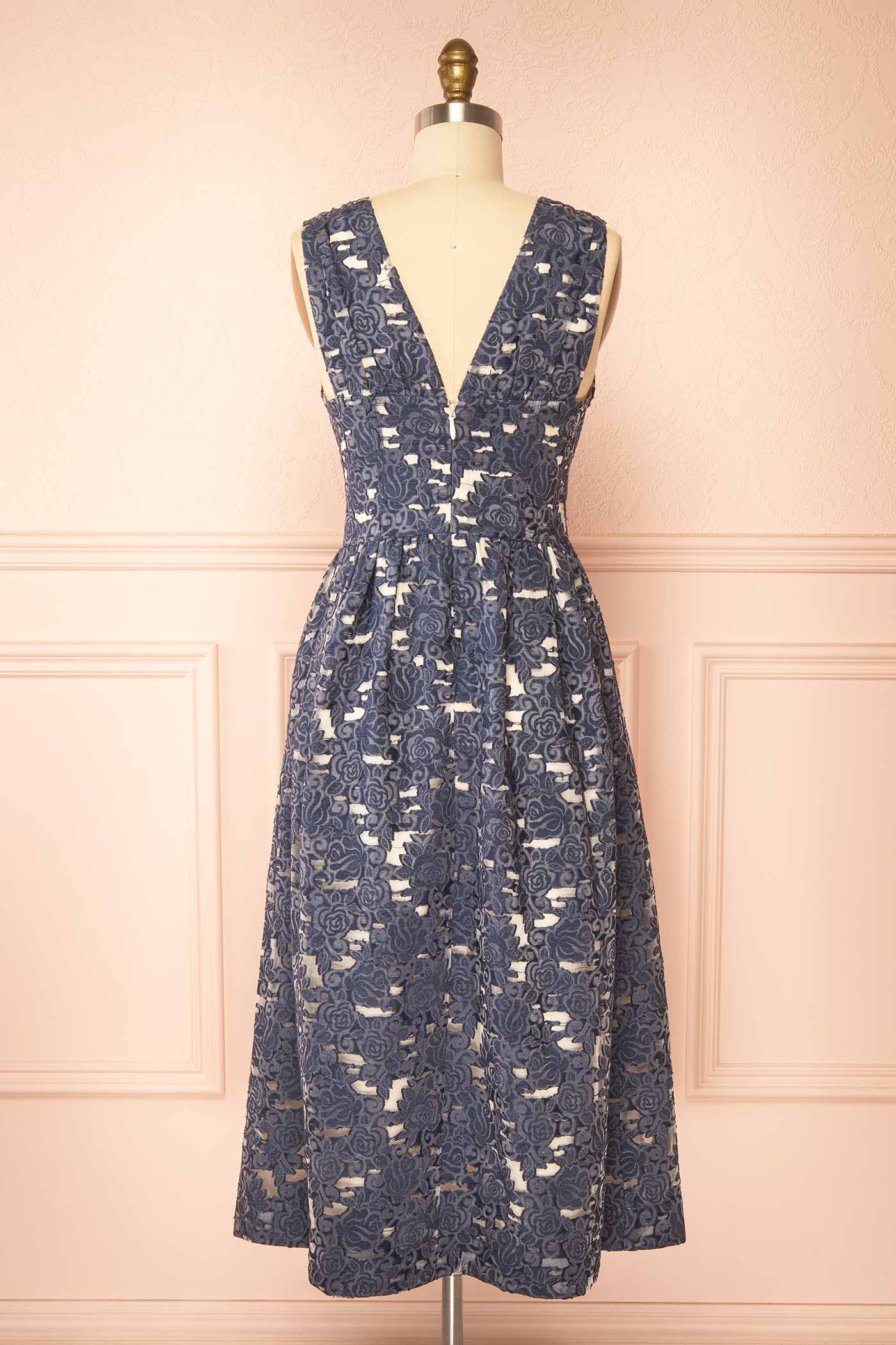 Abertha Blue Floral Jacquard Midi Dress with Front Tie and Pockets | Boutique 1861 back