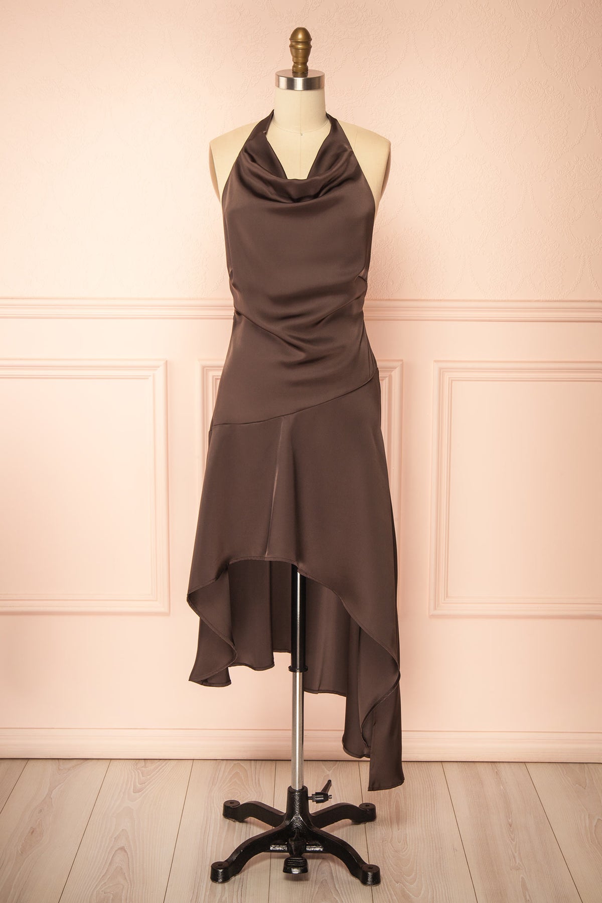 Abiline | Brown Satin Halter High-Low Dress with Back Lace