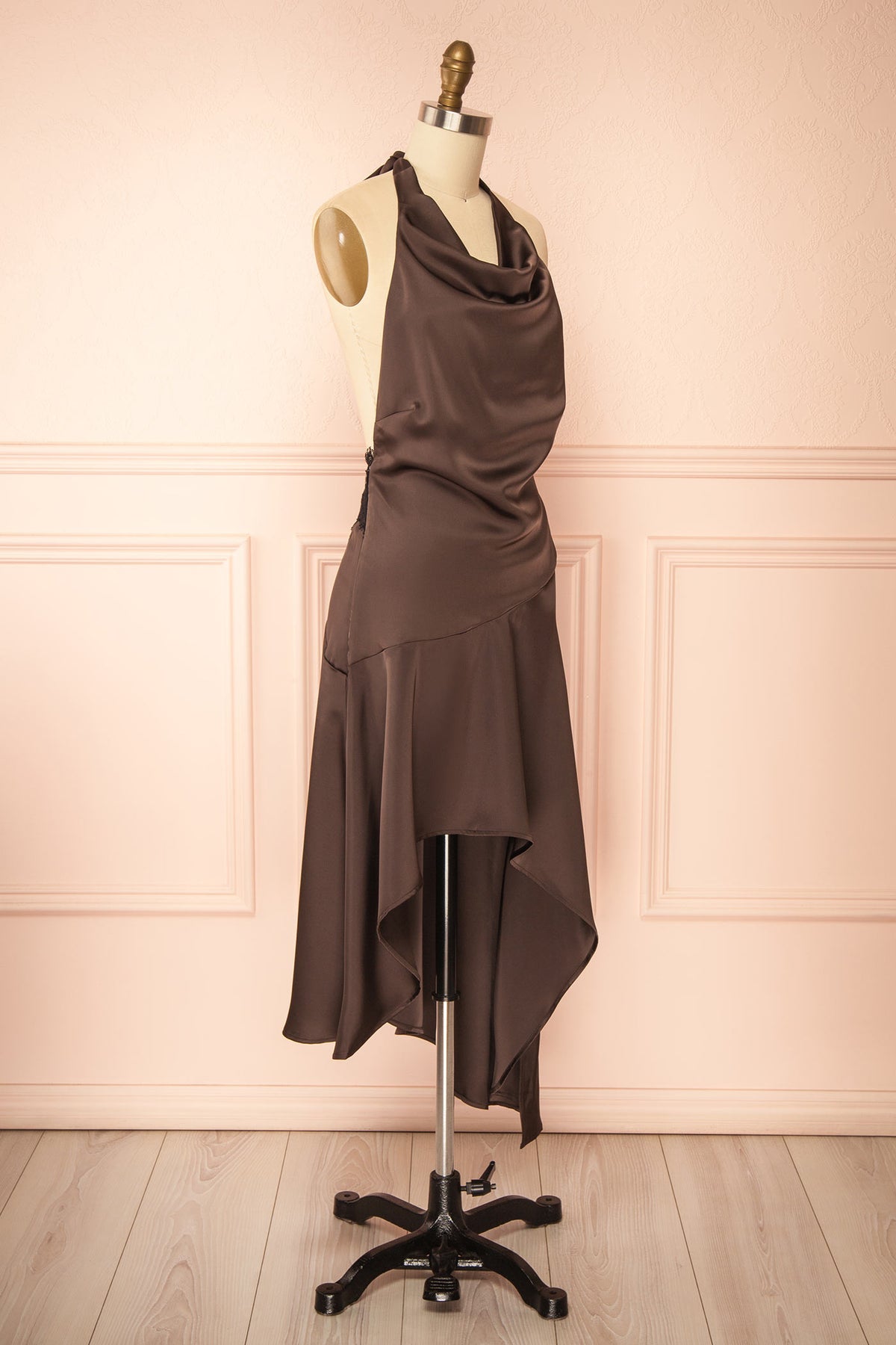 Abiline | Brown Satin Halter High-Low Dress with Back Lace
